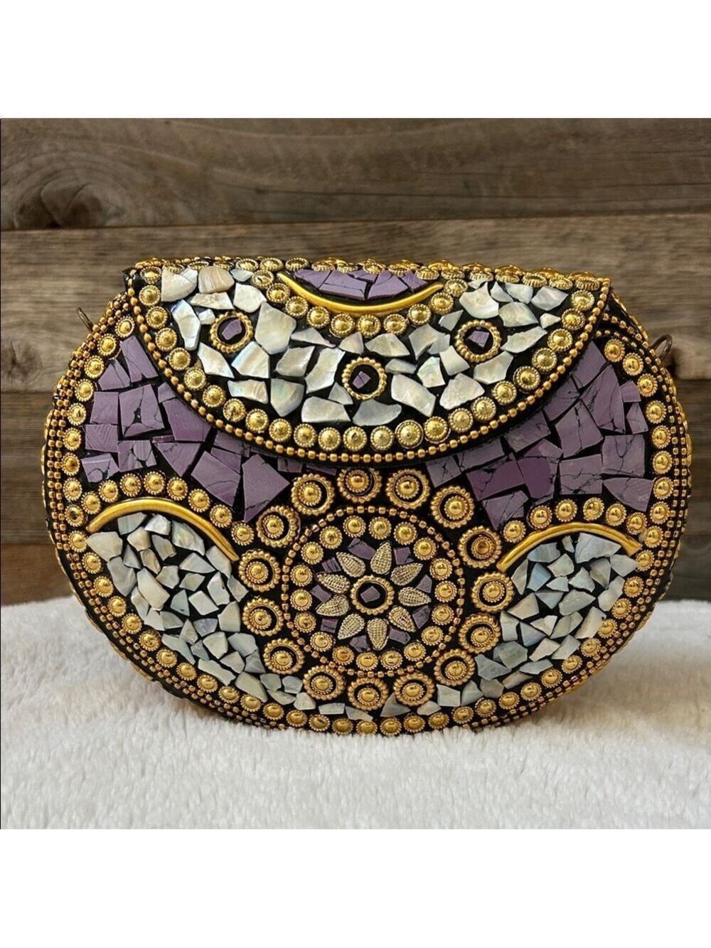 Ramla Beverly Hills Mosaic Handmade Beaded Purple Clutch Brand New with Chain